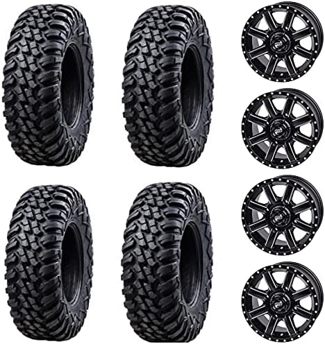 Four 32x10-14 Tusk TERRABITE Heavy Duty 8-Ply Radial UTV Tires mounted on Tusk CASCADE Wheels - For CAN-AM MAVERICK X3- 4/137 bolt pattern - Includes Lug Nuts (5+2 Wheel Offset， Machined/Black)