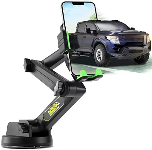 Truckules Truck Phone Holder Mount Heavy Duty Cell Phone Holder for Truck Dashboard Windshield 16.9 inch Long Arm， Super Suction Cup & Stable， Compatible with iPhone & Samsung， Green， Pickup Truck