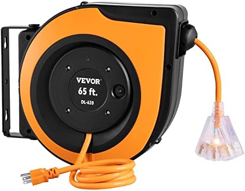 VEVOR Retractable Extension Cord Reel 65 FT Heavy Duty 12AWG/3C SJTOW Power Cord with Lighted Triple Tap Outlet， 15 Amp Circuit Breaker 180° Swivel Bracket for Ceiling or Wall Mount， UL Listed Black