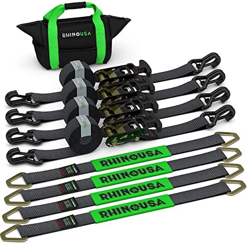 Rhino USA Car Trailer Ratchet Straps Kit - 11，128lb Guaranteed Break Strength - Use for Car， Truck， UTV & More - (4) Premium 2 x 8’ Ratchet Straps with Padded T-Handles + (4) Axle Straps Tie Down