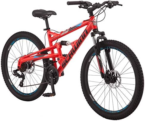 Schwinn Protocol 1.0 Mens and Womens Mountain Bike， 26-Inch Wheels， 24-Speed Drivetrain， Lightweight Aluminum Frame， Full Suspension， Red/Blue