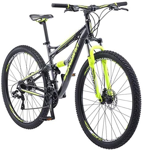 Schwinn Traxion Mens and Womens Mountain Bike， 29-Inch Wheels， 24-Speed Shifters， Full Suspension， Mechanical Disc Brakes， Blue/Grey