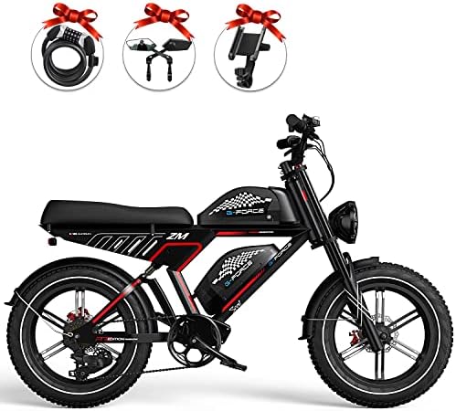 G-FORCE ZM Electric Bike with 750W Motor，20 x 4 Fat Tires Electric Bicycle for Adults with 48V 40Ah/20Ah Removable Battery 28 MPH Shimano 7 Speed System， Dual Suspension， Dual Hydraulic Brakes