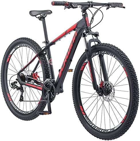 Schwinn Bonafide Men and Women Mountain Bike， Front Suspension， 24-Speed， 29-Inch Wheels， 17-Inch Aluminum Frame， Matte Black/Red