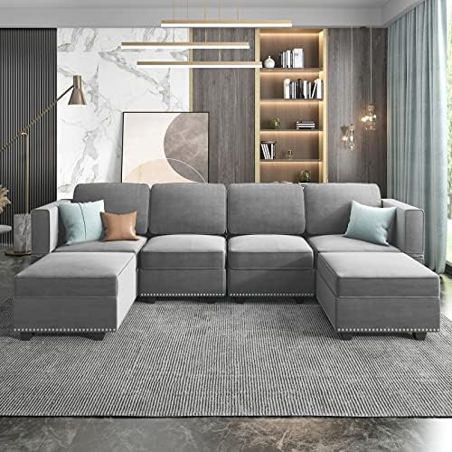Mjkone Convertible Sectional Sofa Couch， U Shaped Sleeper Couch with Adjustable Back and Armrests & Storage Seats， Modular Sofa Couch with Convertible Chaise， Light Grey