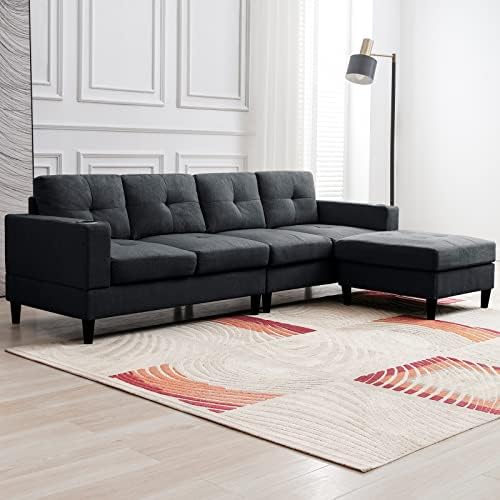BALUS Reversible Sectional Sofa， 4 Seat L-Shape Sofa Couches for Living Room， Convertible Sectional Couch with Reversible Chaise， Modular Sectional Couch with 2 Cup Holders for Apartment， Dark Grey