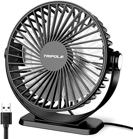 TriPole Small Desk Fan USB Powered Portable Fan 3 Speeds Strong Airflow Mini Fan 360°Rotation Personal Fan 5.1 Inch Table Fan for Home Office Bedroom Desktop， Black， 4.9ft Cable
