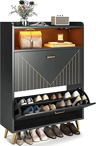 Aheaplus Shoe Cabinet with Flip Doors， Shoes Storage Organizer with Motion Sensor Led Light， Entryway Wood Freestanding Tipping Bucket Shoe Rack with Open Shelves for Closet， Living Room， Black