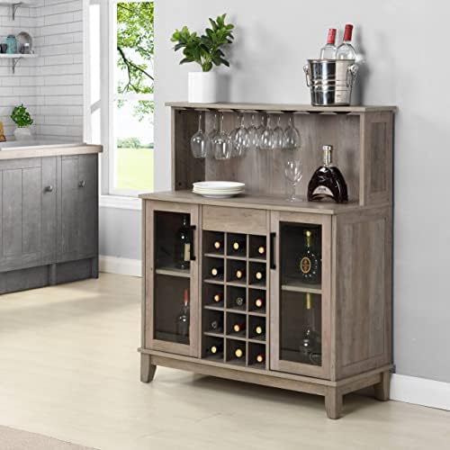Home Source Grey Wash Microwave Station | Microwave Station and Bar Cabinet | 2 Glass Doors with Wood Frame | 4 Shelves | 15-Bottle Wine Rack