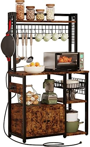 IRONCK Bakers Rack with Power Outlets， 15.7 D x 35.4 W Large Microwave Stand with Drawer and 12 Hooks， Adjustable Metal Grid， Industrial Kitchen Shelf with Cabinet for Kitchen， Vintage Brown