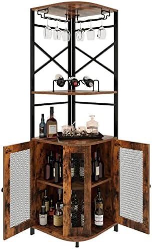 Osfvolr Bar Cabinet w/Wine Rack and Glass Holder， Corner Cabinet with Mesh Door， Corner Bar Cabinet with Adjustable Shelf， Liquor Cabinet Bar for Home， Rustic Brown