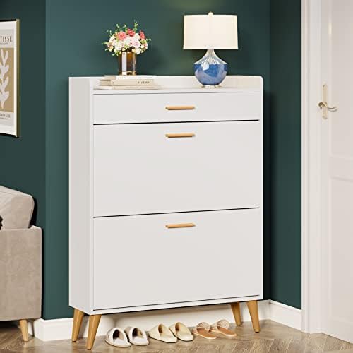 Tribesigns Shoe Cabinet， Entryway White Slim Shoe Storage Cabinet， Modern 16 Pair Thin Shoe Rack Organizer with 2 Flip Drawers (White + Gold)