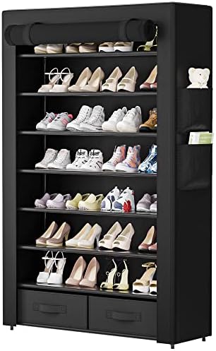 OYREL Shoe Rack Storage Cabinet 32 Pairs Organizer Shelf Tall Zapateras for Shoes Large Free Standing Racks Vertical Black Holder Stand with Cover Two Boxes Closet， 8Tier Long
