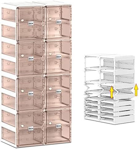 BINSIO Shoe Organizer， Shoe Rack for Closet， Shoe Cabinet for Entryway， Plastic Shoe Storage， Foldable Shoe Box， Fast Assembly Shoe Shelf， One Piece Sturdy Sneaker Holder， Clear Brown Doors， 8 Tiers