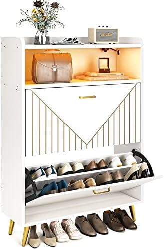 Aheaplus Shoe Cabinet with Flip Doors， Shoes Storage Organizer with Motion Sensor Led Light， Entryway Wood Freestanding Tipping Bucket Shoe Rack with Open Shelves for Closet， Living Room， White