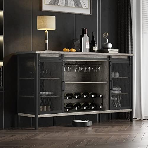 QNICE Industrial Wine Bar Cabinet / 55 Sliding Barn Door Coffee Bar Cabinet/Farmhouse Bar Cabinet with Wine Rack/Dark Rustic Oak/Easy Assembly