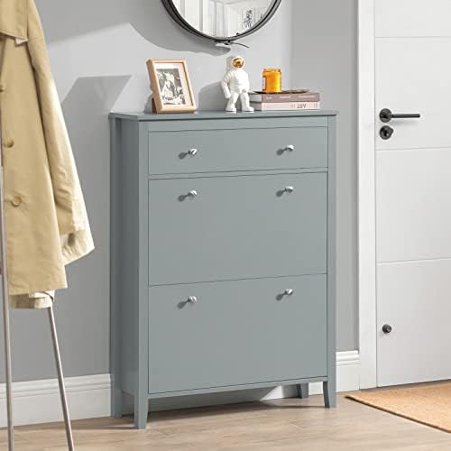 Haotian FSR89-HG， Grey Shoe Cabinet with 1 Slide Drawer & 2 Flip Drawers， Freestanding Shoe Rack， Shoe Organiazer