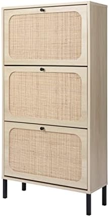 ZeHuoGe Natural Rattan Shoe Cabinet with 3 Flip Drawers， Modern 3-Tier Shoe Rack Storage Cabinet for Heels， Boots， Slippers， Free Standing Shoe Rack， Entrance Hallway Entryway