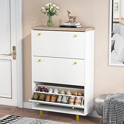 Tribesigns 3 Drawer Shoe Cabinet， Freestanding Shoe Rack Storage Organizer with Flip Door， Modern Tipping Bucket Shoe Cabinet for Entryway， Hallway， Bedroom， Small Spaces， White