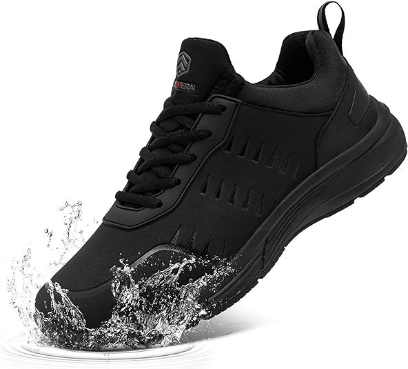 LARNMERN Non Slip Work Shoes for Men Walking Sneakers Fashion Kitchen Chef Waterproof Food Service Zapotos Trabajo Restaurant Resistant Leather Casual Athletic Tennis Black