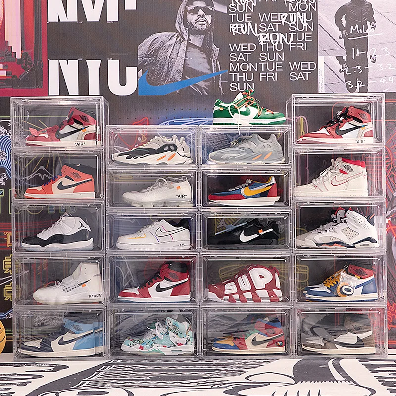 Magnetic High-top Transparent Basketball Shoe Box Acrylic Protection Display Cabinet for Nike Yeez AJ Shoes Storage
