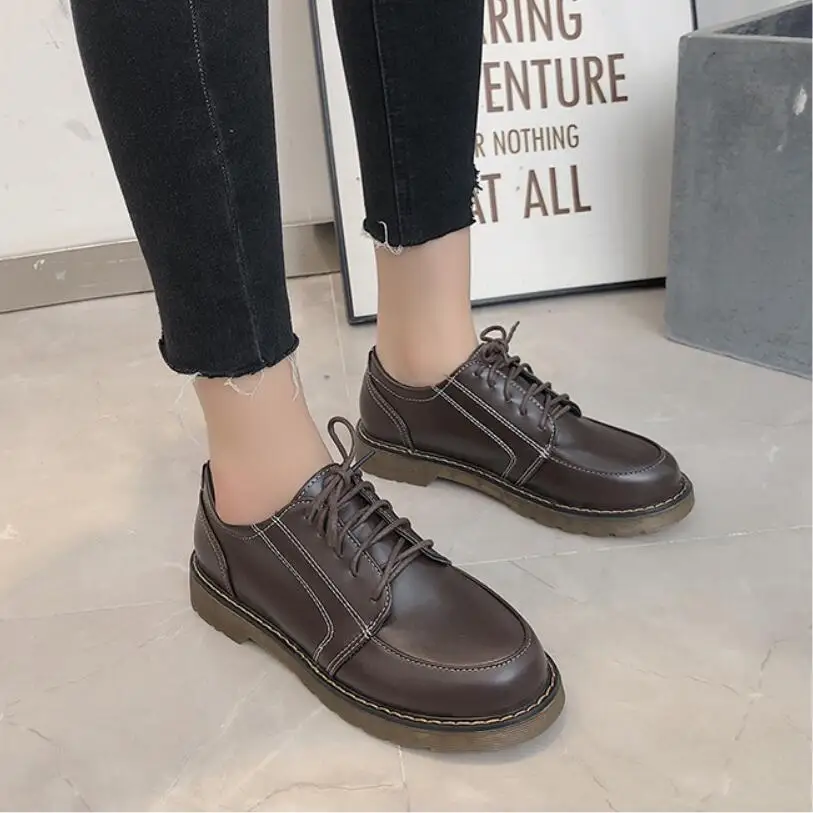 British oxford leather shoes woman lace up sweing brogues female socofy creepers derby shoes with plush fila shoes women s534
