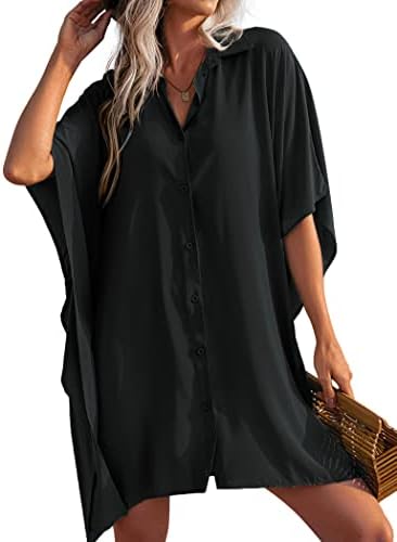 Ekouaer Women’s Swimsuit Cover Up 3/4 Sleeve Beachwear Bikini Coverups Button Down Oversized Cover Up Shirt S-3XL
