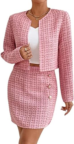 Floerns Women’s 2 Piece Outfits Plaid Tweed Blazer Long Sleeve Jacket and Skirt Set