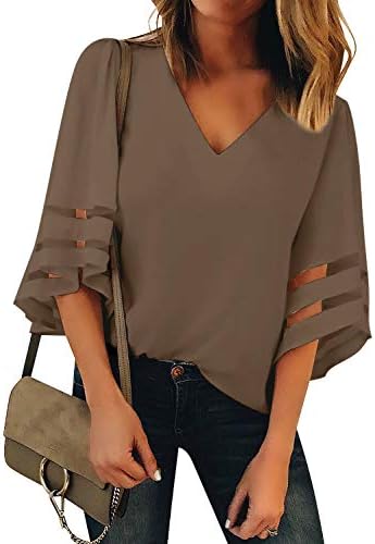 LookbookStore Women’s V Neck Mesh Panel Blouse 3/4 Bell Sleeve Loose Top Shirt