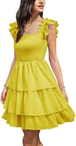 Byinns Womens Square Neck Sleeveless Ruffle Dress High Waist Backless Tiered Smocked Strappy Casual Short Mini Dresses