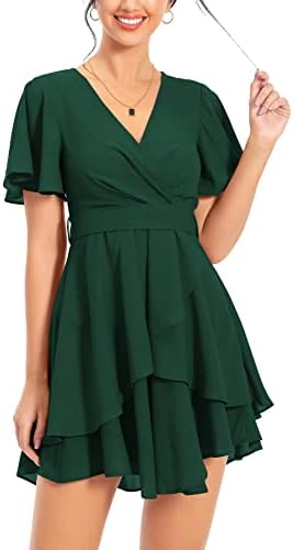 HAOMEILI Women’s Summer Dress Deep V Neck Short Sleeve Waist Tie Ruffle Mini Swing Skater Dresses