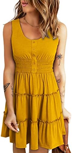 FARYSAYS Summer Dresses for Women Sleeveless Button Down Smocked Elastic Waist Ruffle Tiered Casual Swing Mini Dress