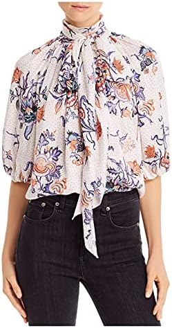 Rebecca Taylor Women’s Short Sleeve Floral Flowy Blouse with Tie at Neck