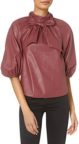 Rebecca Taylor Women’s Short Sleeve Vegan Leather Top with Tie at Neckline
