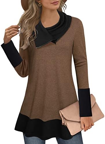 Youtalia Women’s Pullover Sweatshirt Long Sleeve Cowl Neck Color Block Tunic Top
