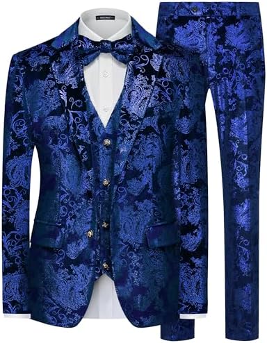 MAGE MALE Mens Suits Dress Floral Tuxedo Slim Fit 3 Piece Suit 2 Button Prom Party Blazer Vest Pants Set with Bow Tie