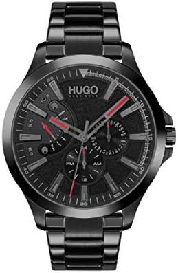 HUGO #LEAP Men’s Multifunction Stainless Steel and Link Bracelet Casual Watch， Color: Black (Model: 1530175)