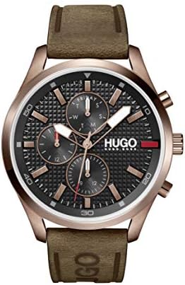 HUGO #Chase Men’s Multifunction Stainless Steel and Leather Strap Casual Watch， Color: Brown (Model: 1530162)