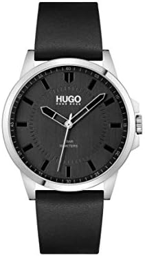 HUGO #First Men’s Quartz Stainless Steel and Leather Strap Casual Watch， Color: Black (Model: 1530188)