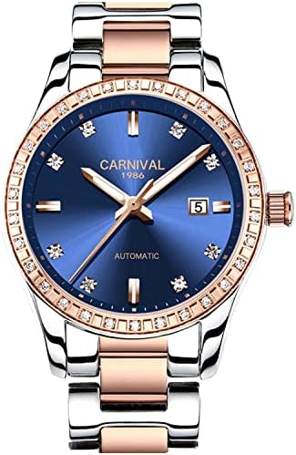 Women’s Diamond Automatic Mechanical Rose Gold Stainless Steel Sapphire Waterproof Lady’s Elegant Blue Watch
