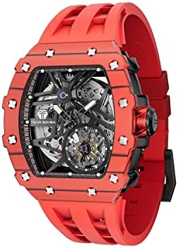 TSAR BOMBA Men’s Automatic Watch Tonneau Luxury Skeleton Watches for Men 50M Waterproof Analog Wrok Mens Watches Unique Cool Silver Square Big Face Wristwatch Silicone Strap