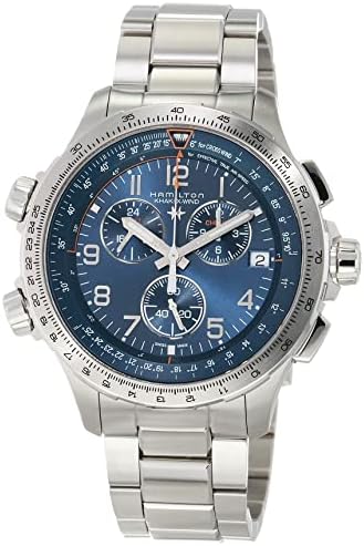 Hamilton Khaki Aviation X-Wind GMT Swiss Chronograph Quartz Watch 46mm Case， Blue Dial， Silver Stainless Steel Bracelet (Model: H77922141)