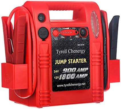 Tyrell Chenergy 1800/900 Peak Amp 12V/24V Jump Starter， Truck Battery Booster Pack， and Commercial Jumper Cables，Includes DC/USB Power for Charging Phones and Tablets，Jump Box Battery Clamps