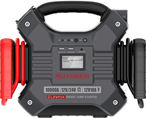 AUTOGEN 12V & 24V Jump Starter 10000Amp Lithium Iron Phosphate (LiFePO4) Battery， Booster Jumper Box with Smart LED Screen Built-in LED Light