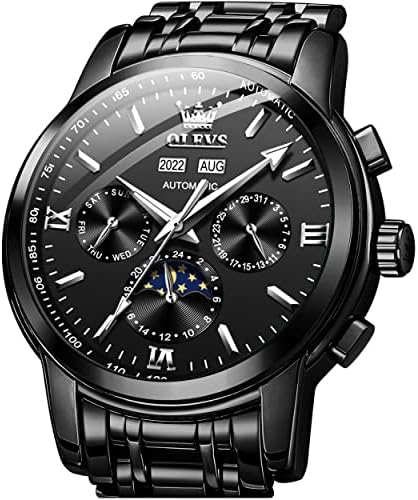 OLEVS Mens Automatic Watches Self Winding Mechanical Dress Wrist Watch Multifunction Calendar Hidden Button Sun Moon Display Waterproof Luminous