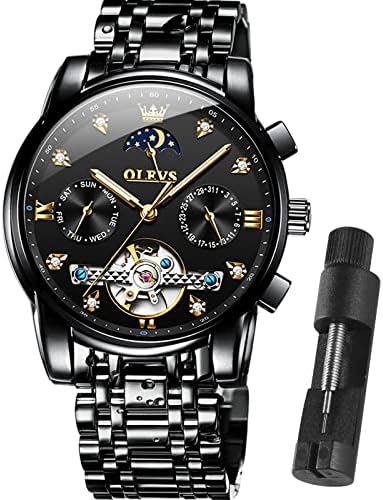 OLEVS Automatic Watch(No Battery Required) Men’s Wrist Watches Self-Wind Mechanical Watches Fashion Classic Tourbillon Skeleton Watch Black Blue Green Face，Adjustable Bracelet (Gift Tool)