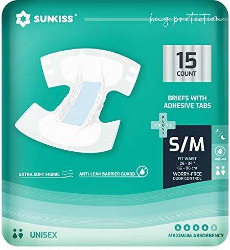 SUNKISS TrustPlus Adult Diapers with Maximum Absorbency， Disposable Incontinence Briefs with Tabs for Men and Women， Maximum Overnight Absorbency， Leak Protection， Small/Medium， 15 Count