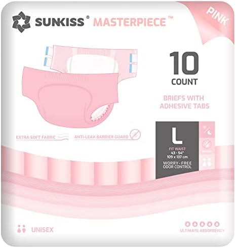 SUNKISS Masterpiece Adult Diapers with Ultimate Absorbency， Unisex Disposable Incontinence Briefs with Tabs for Women and Men， Odor Control， Pink， Large， 10 Count