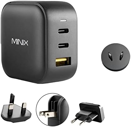 MINIX NEO P1 66W Turbo 3-Port GaN Wall Charger 2 x USB-C Charging Adapter， 1 x USB-A Charge 3.0， Bundling with AU Plug. Compatible with MacBook Pro Air， iPad Pro， iPhone 13， Galaxy S9 S8 and More.