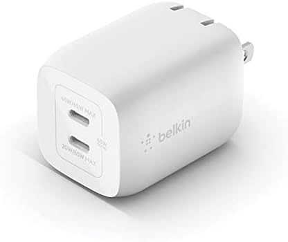 Belkin 65W Dual USB-C Wall Charger， Fast Charging Power Delivery 3.0 with GaN Technology for iPhone 14， 13， Pro， Pro Max， Mini， iPad Pro 12.9， MacBook， Galaxy S23， S23+， Ultra， Tablet， More - White